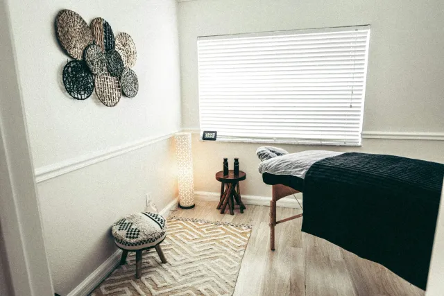 The private treatment room set up for an in-person session